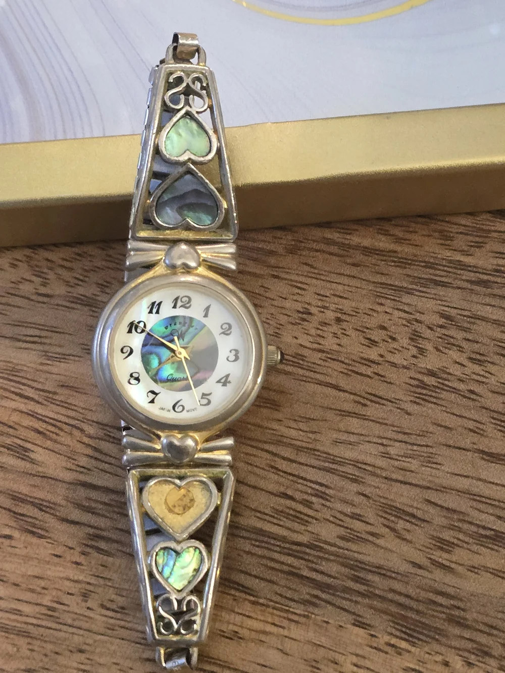 Abalone Heart Inlay Women's Bracelet Watch - Iridescent Green and Gold Accents